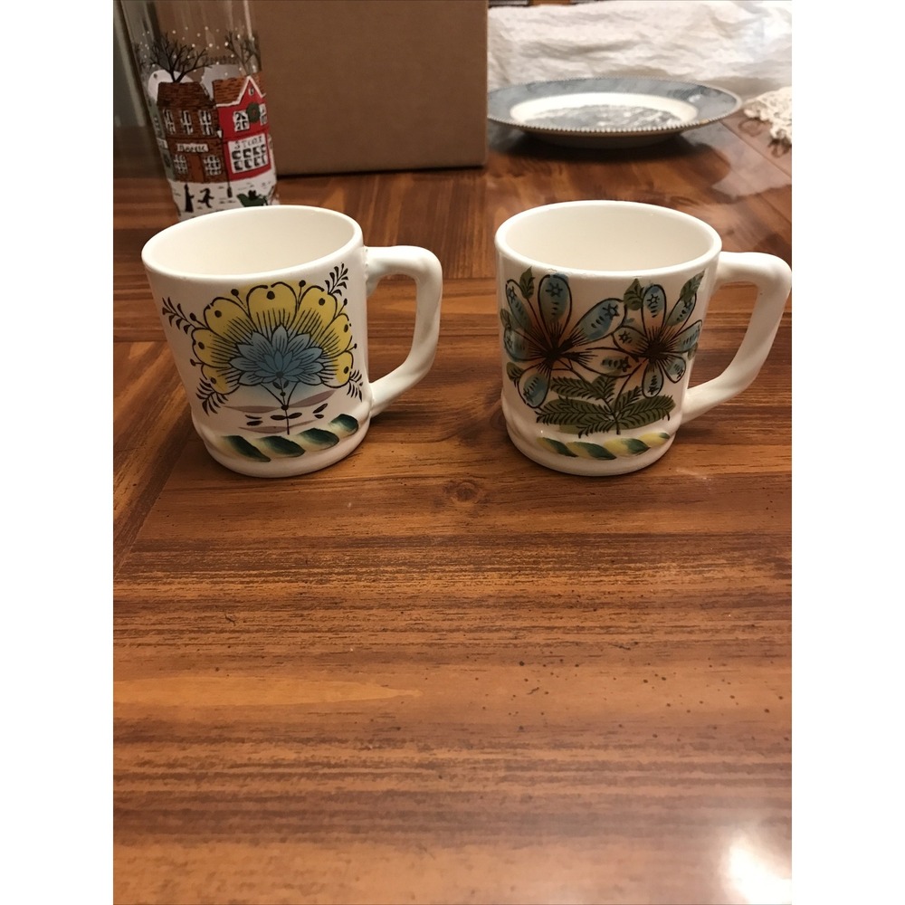 Vintage ceramic coffee mugs made Japan floral Teal Set 3